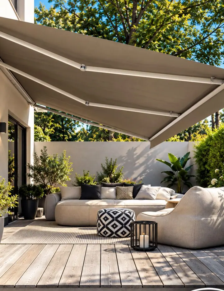 Toldo retráctil sobre una terraza con mobiliario exterior